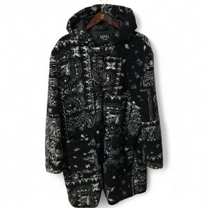 boohooMAN Men’s Borg Hooded Duffle Coat- Black White Paisley